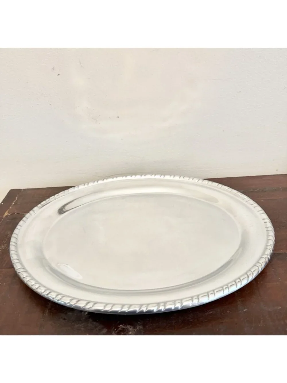 Pier 1 Imports Silver Tone Oval Serving Platter 16x12 Rope Edge Coastal Regency